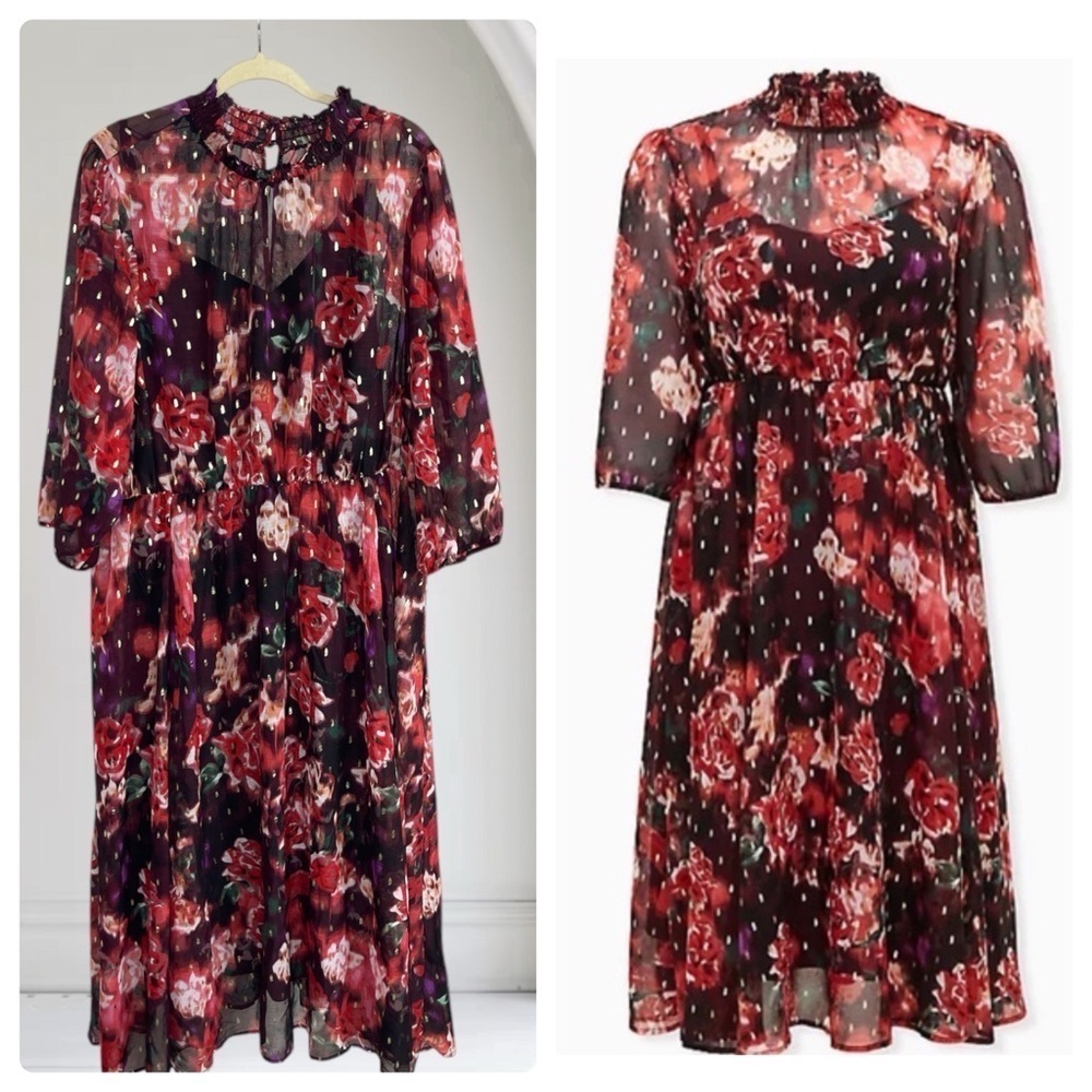 Burgundy Purple Floral Chiffon Mock Neck Midi Dress Size 4